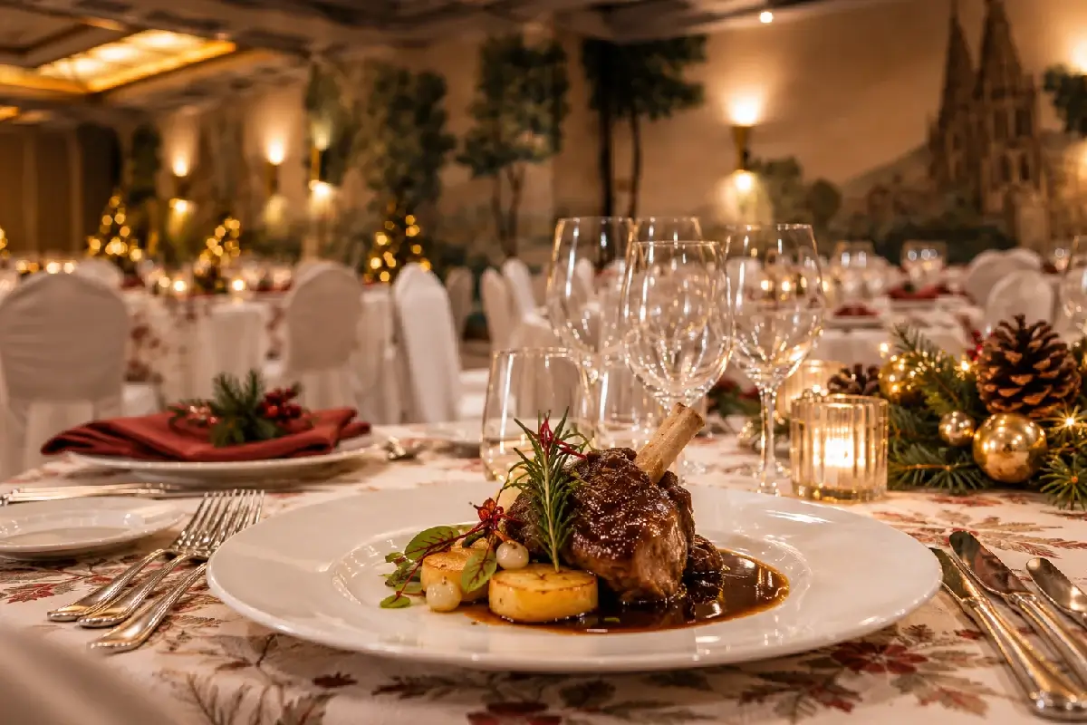 Mesa servida con cena navide&ntilde;a, copas y luces c&aacute;lidas en un sal&oacute;n decorado