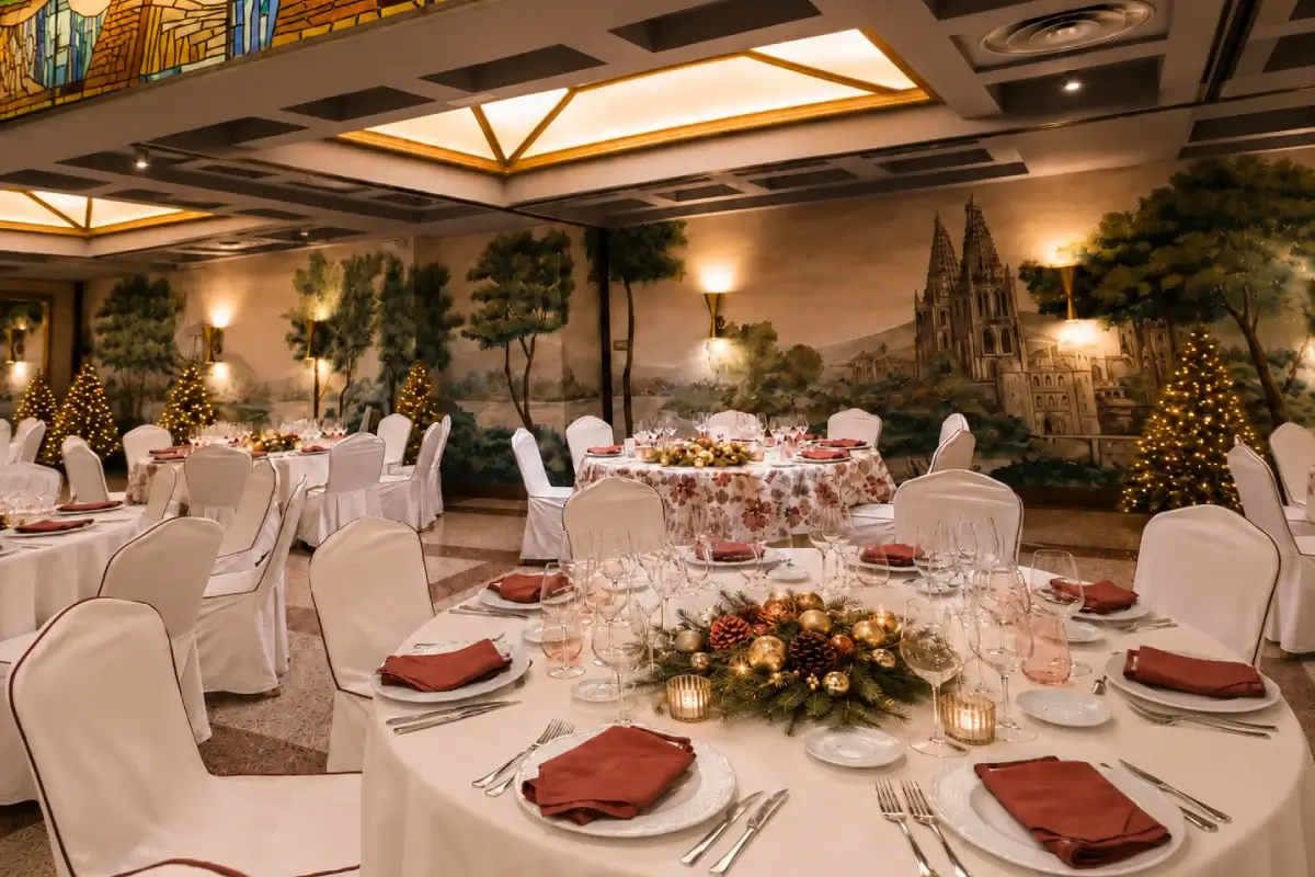 Comedor con mesas servidas y decoraci&oacute;n navide&ntilde;a, luces y guirnaldas.