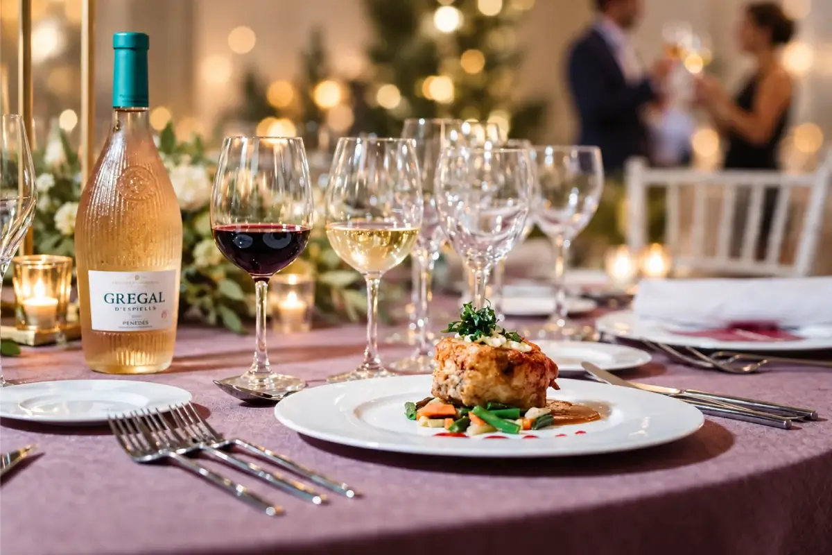 Mesa de banquete con botellas de vino, copas y plato de comida en evento.