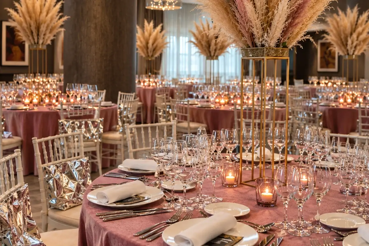 Mesa de banquete elegante con copas, velas y ramos de pampas en tonos dorados y rosas.