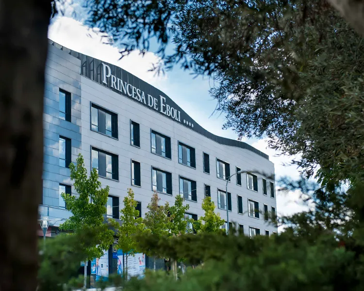 Edificio &ldquo;La Princesa de &Eacute;boli&rdquo; con &aacute;rboles y cielo nublado al fondo.