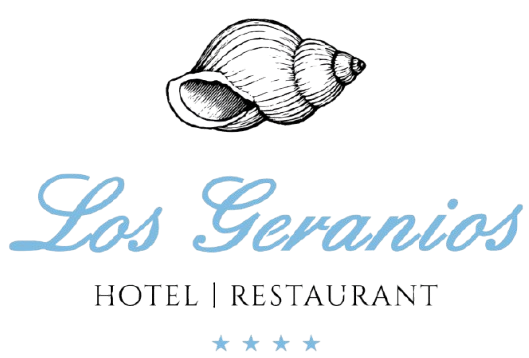 Logo de &ldquo;Los Geranios&rdquo;, hotel y restaurante con estrellas y geranio ilustrado