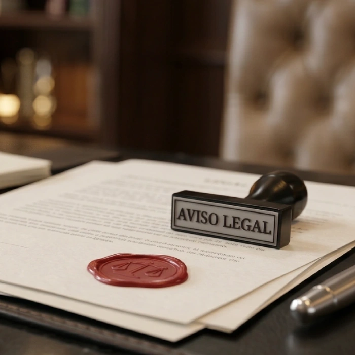 Sello de &ldquo;Aviso Legal&rdquo; sobre documento con bol&iacute;grafo en mesa