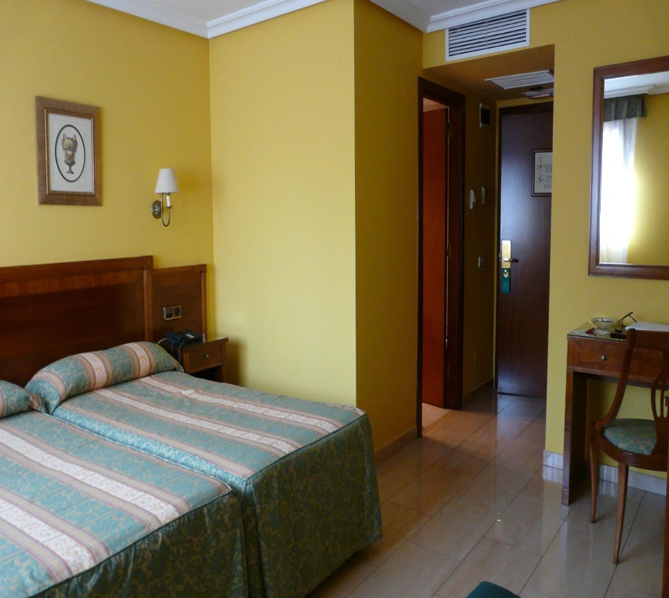 Habitaci&oacute;n de hotel con cama doble, espejo y escritorio.