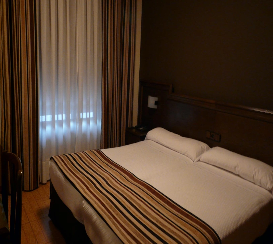 Habitaci&oacute;n de hotel con cama doble y cortinas a la ventana.