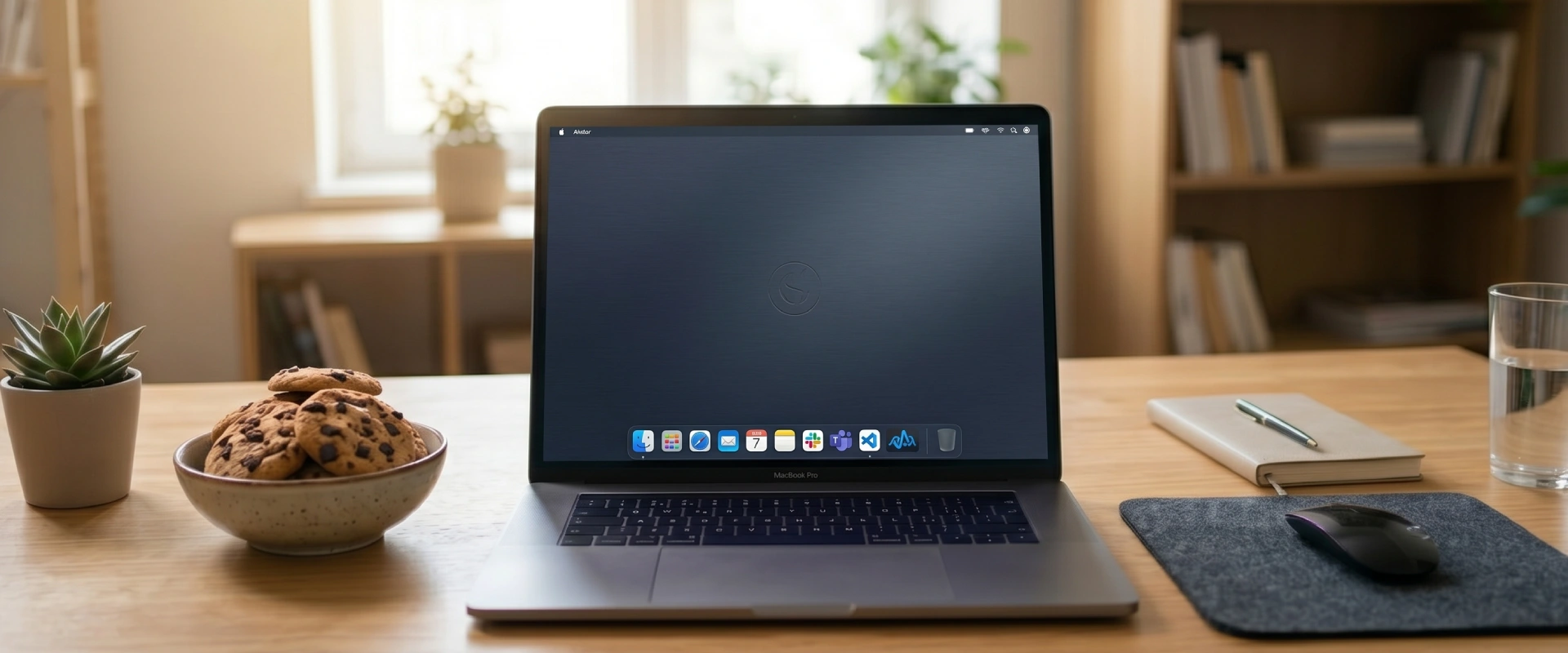 MacBook Pro en escritorio con cookies, cuaderno y mouse, en ambiente luminoso