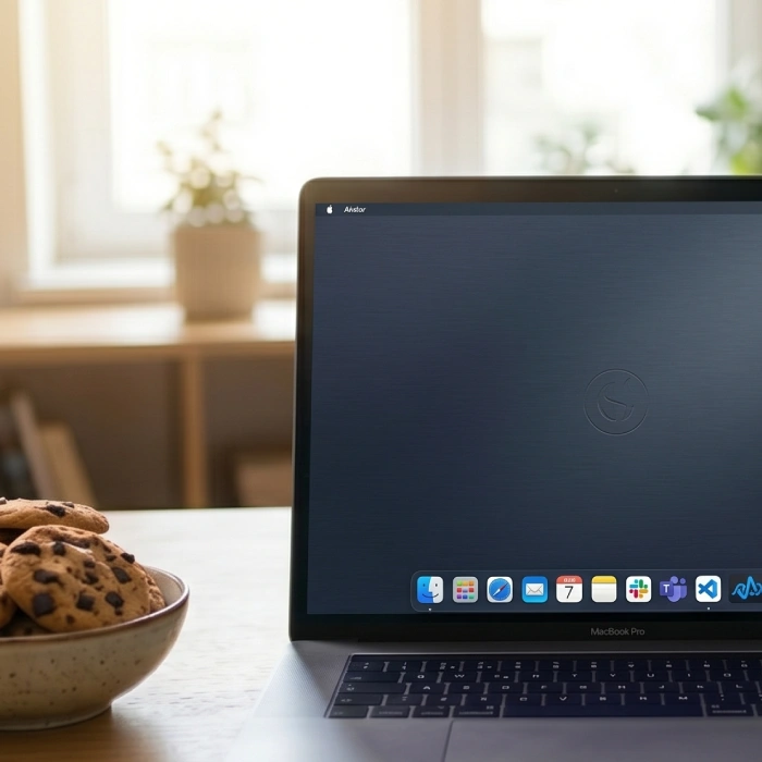 MacBook Pro en una mesa junto a un cuenco con galletas y luz natural.
