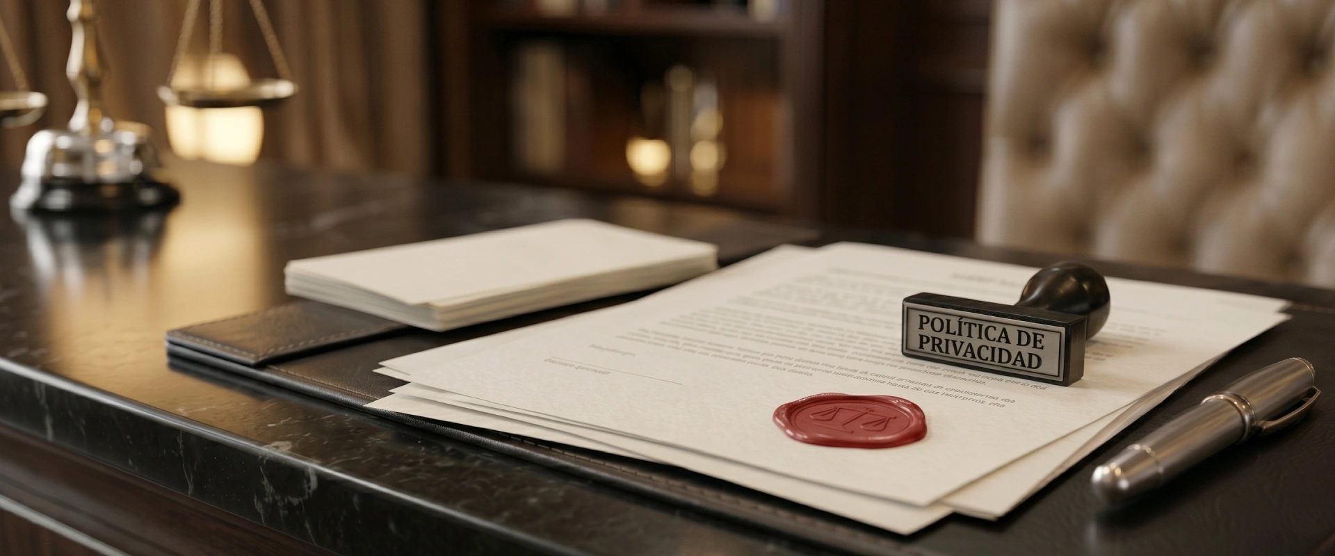 Sello de &ldquo;Pol&iacute;tica de Privacidad&rdquo; sobre documentos en una mesa de oficina