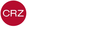 Logo &ldquo;CRZ&rdquo; con texto oscuro tipo puntos sobre fondo blanco y rojo.