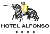 Logotipo del Hotel Alfonso con letras y un s&iacute;mbolo amarillo en la parte superior