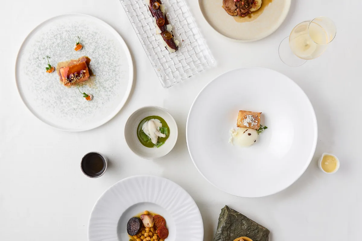 Platos gourmet con porciones de comida, servilletas y salsa, vista cenital