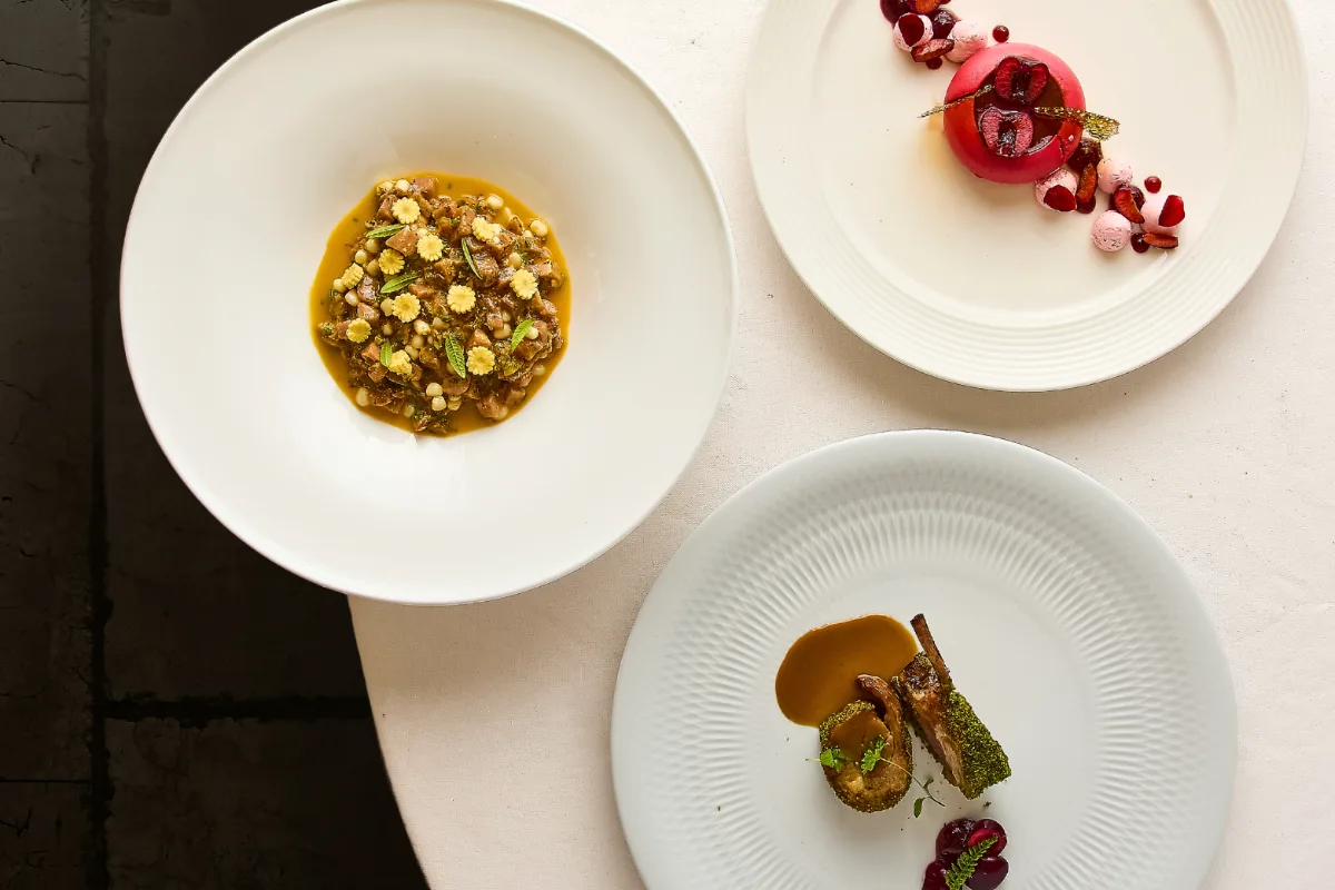Platos gourmet: guiso con flores comestibles, postre rojo y plato con costillas