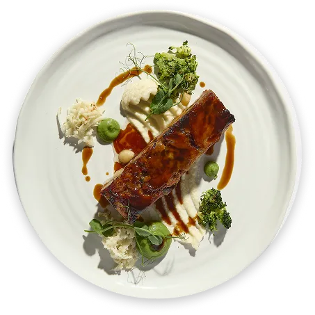 Plato de carne con salsa, verduras y guarnici&oacute;n en un plato blanco.