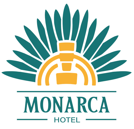 Logo de hotel Monarca con mano y rayos azules y amarillo
