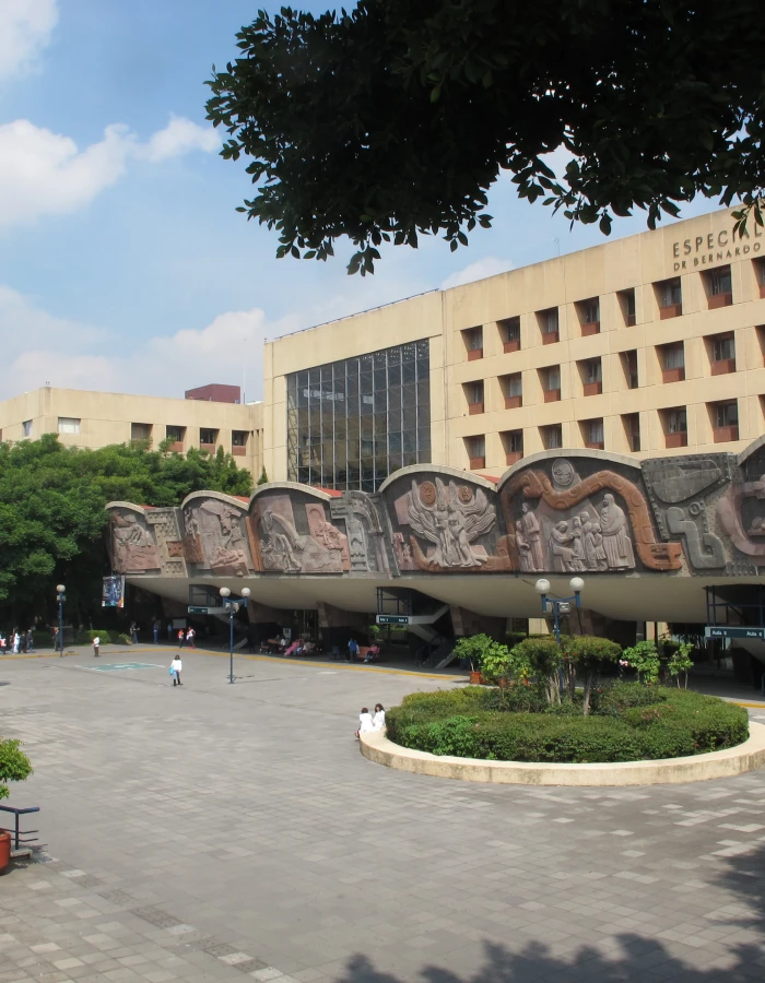 Fachada de un museo con mural escult&oacute;rico y jard&iacute;n en el patio exterior