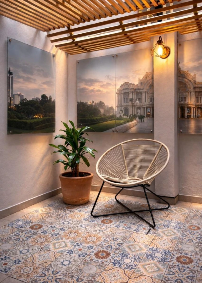 Terraza con silla de mimbre, planta en maceta y cuadros con palacio al atardecer