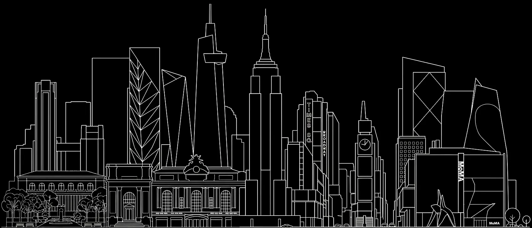 Line-art city skyline with skyscrapers and buildings on black background