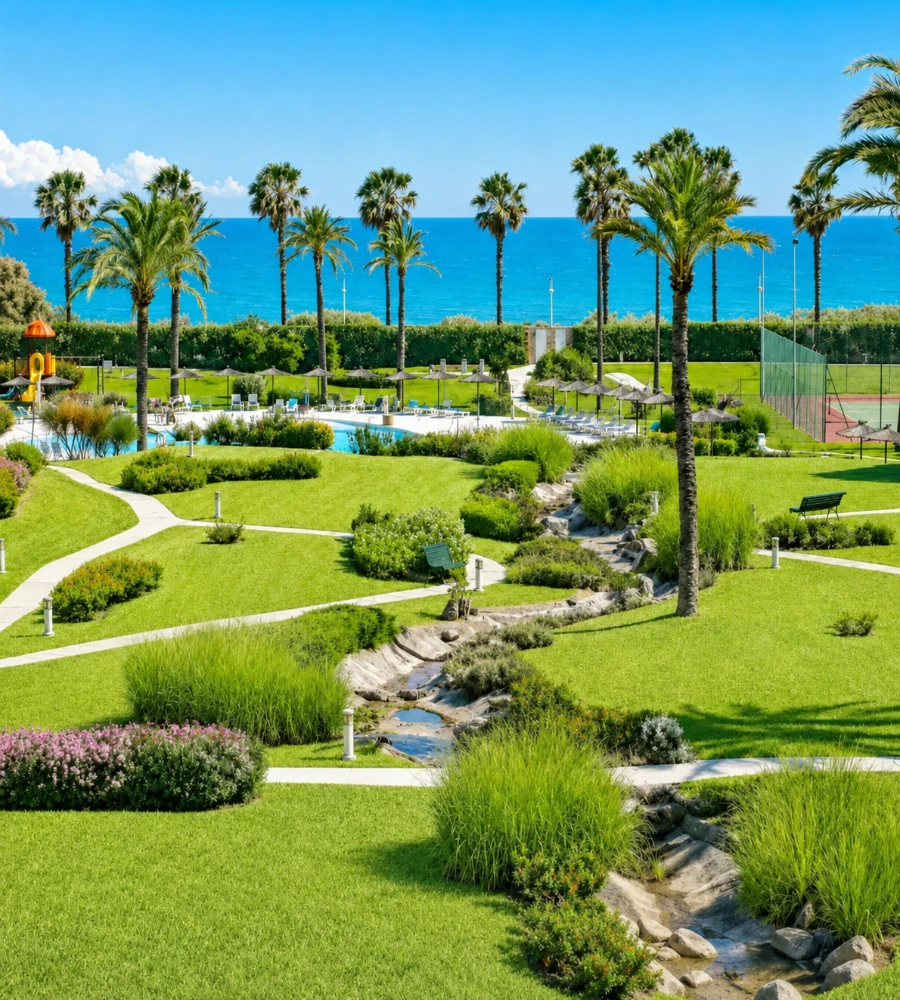Jard&iacute;n tropical con palmeras, c&eacute;sped y piscina junto al mar azul