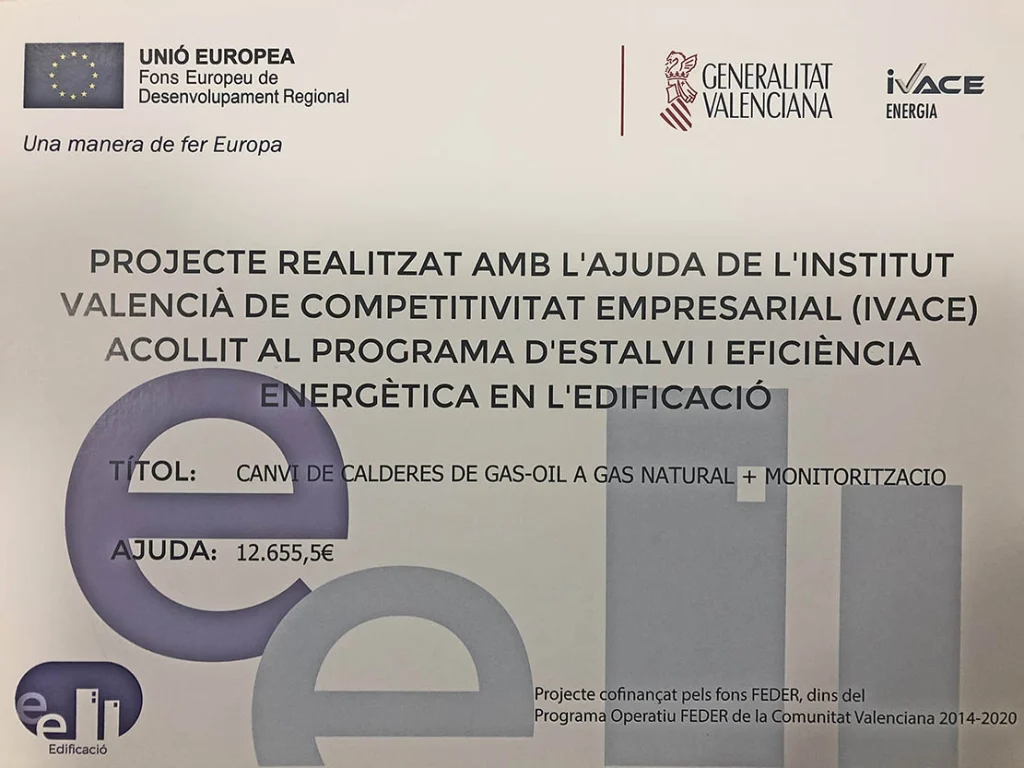 Cartel de ayuda UE y Generalitat Valenciana: eficiencia energ&eacute;tica en edificaci&oacute;n (12.655,58 &euro;)