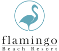 Logo de Flamingo Beach Resort con un icono de ave y palmera azul