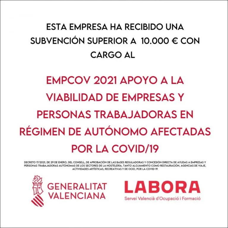 Subvenci&oacute;n 10.000 &euro; EMPCOV 2021 Generalitat Valenciana por COVID-19 con carga al