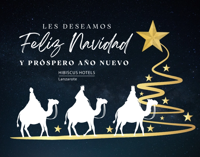 Tres Reyes Magos con camellos y mensaje de Navidad y A&ntilde;o Nuevo.