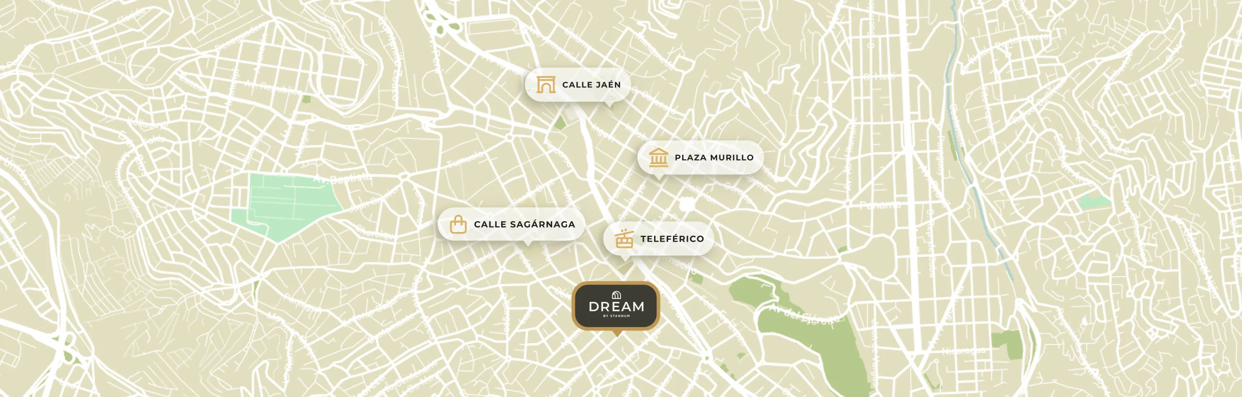 Mapa con marcadores: Calle Ja&eacute;n, Plaza Murillo, Calle Sag&aacute;rnaga y Telef&eacute;rico