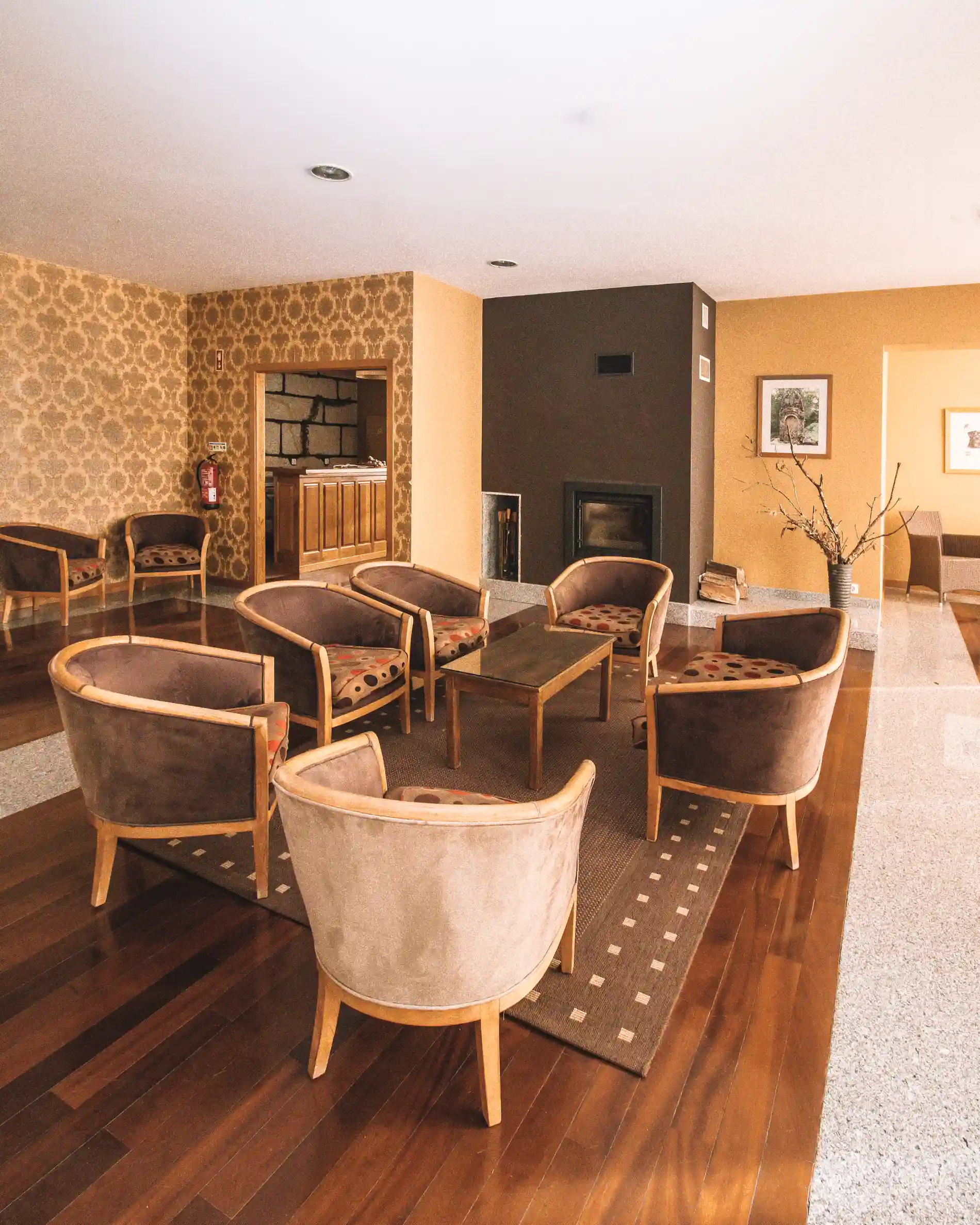 Sala de estar com poltronas, mesa e lareira ao fundo