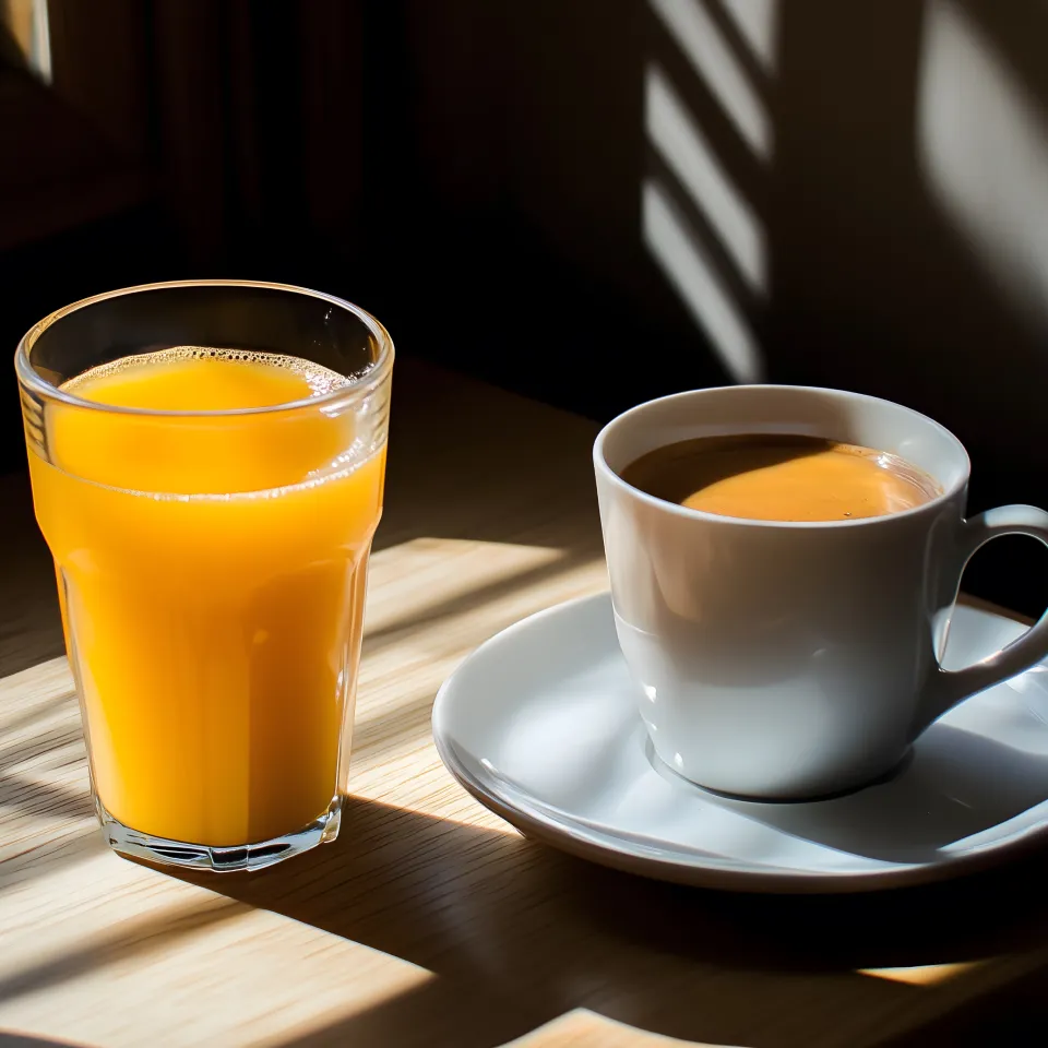 Jugo de naranja en vaso de vidrio y caf&eacute; en taza blanca sobre mesa de madera