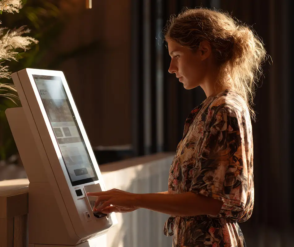 Mujer usando un quiosco con pantalla t&aacute;ctil en un entorno iluminado por luz solar