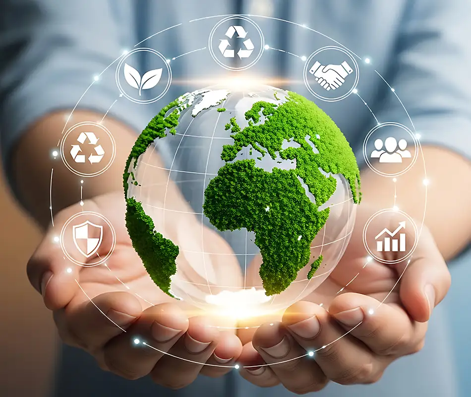 Globo de la Tierra verde en manos con iconos de reciclaje, energ&iacute;a y sostenibilidad