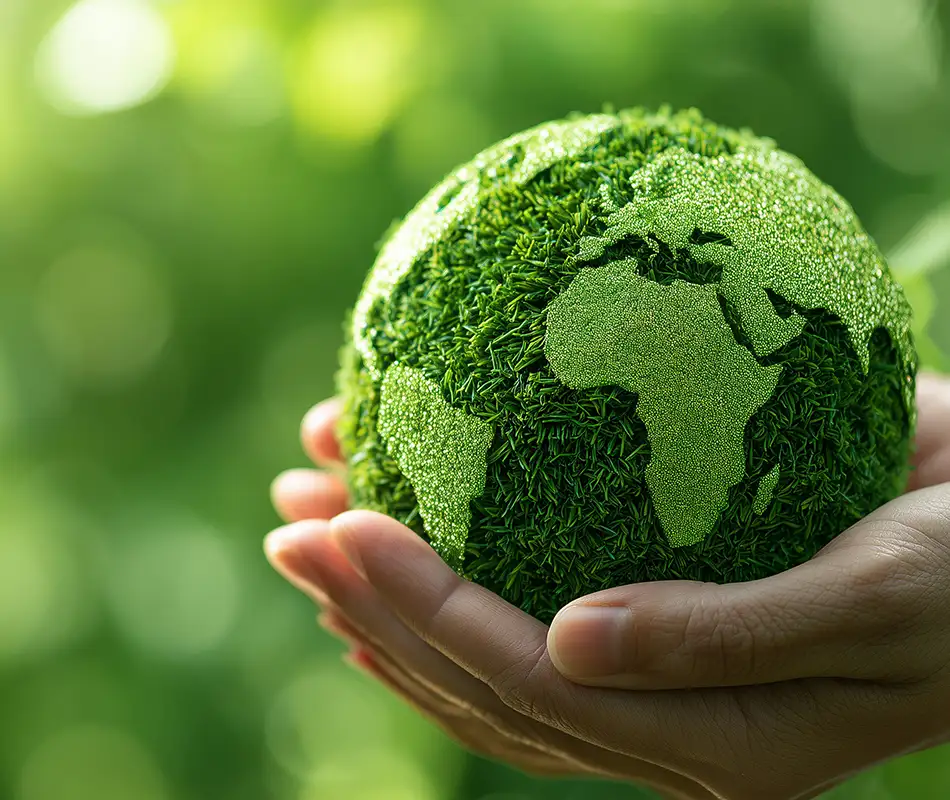 Manos sostienen un globo verde de c&eacute;sped con el mapa del mundo.