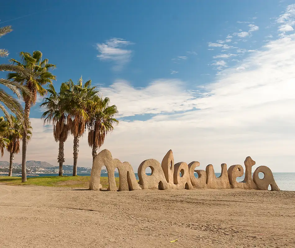 Cartel de arena &ldquo;Ensenada&rdquo; con palmeras y el mar al fondo, cielo azul