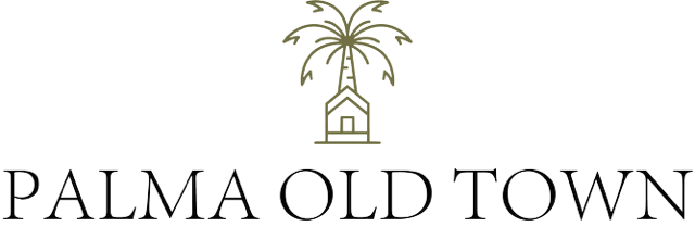 Logotipo &ldquo;PALMA OLD TOWN&rdquo; con palmera y sombrero sobre una casa