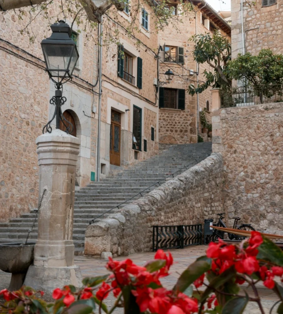 Calle con escaleras de piedra y farol en fachada de casas antiguas, flores rojas