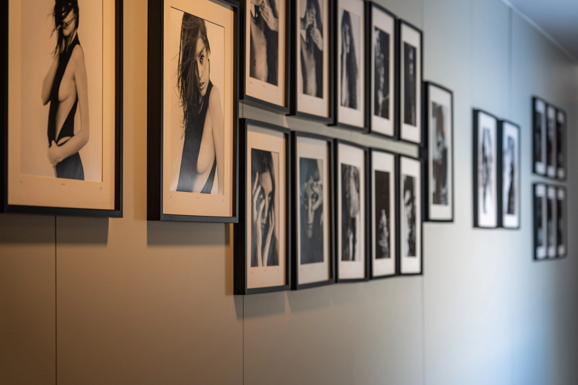 Galeria de fotos com retratos em molduras pretas em parede branca.