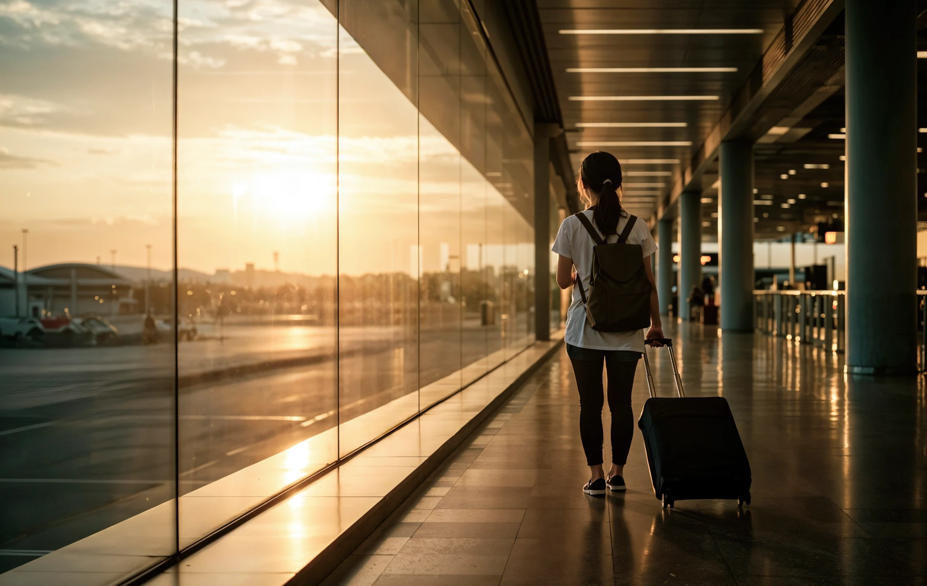 Mulher com mochila puxando mala em corredor com luz do p&ocirc;r do sol