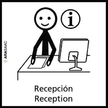 Icono de recepci&oacute;n con persona, monitor y texto &ldquo;Recepci&oacute;n/Reception&rdquo;.