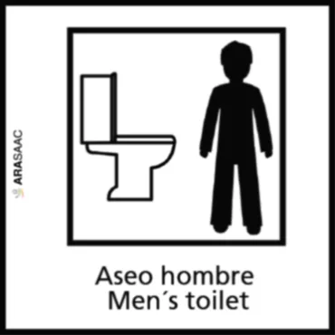 Aseo hombre: silueta masculina con icono de ba&ntilde;o y r&oacute;tulo &ldquo;Men's toilet&rdquo;