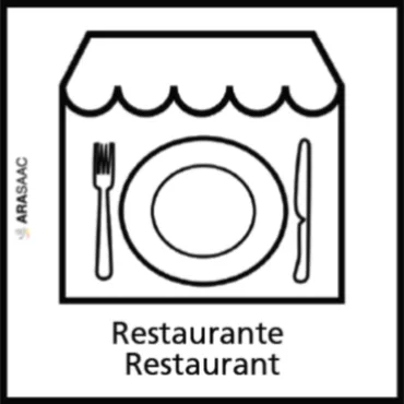 Icono de restaurante con plato, vaso y texto &ldquo;Restaurante&rdquo;