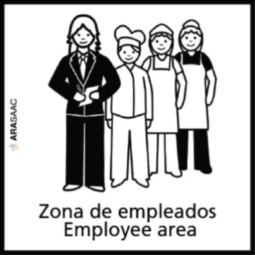 Zona de empleados con cinco personas: empleado y equipo en uniforme.