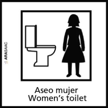 Se&ntilde;al de aseo: mujer y WC, con texto &ldquo;Aseo mujer&rdquo; y &ldquo;Women&rsquo;s toilet&rdquo;.