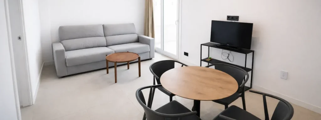 Sala de estar moderna con sof&aacute; gris, mesa circular y TV en un mueble negro