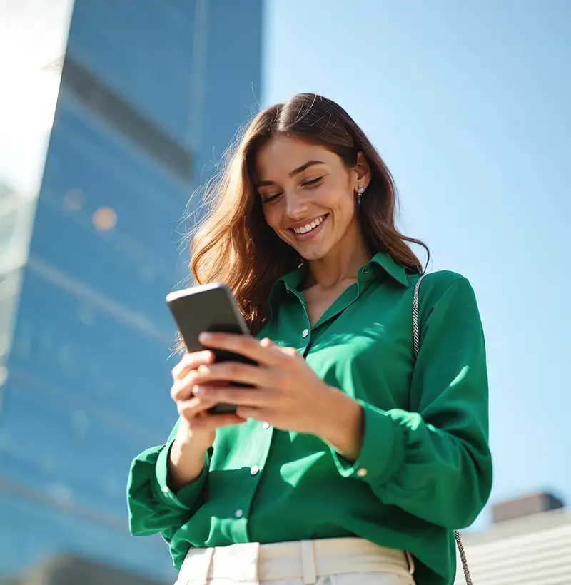 Mujer joven con camisa verde sonriendo mientras usa el m&oacute;vil al aire libre