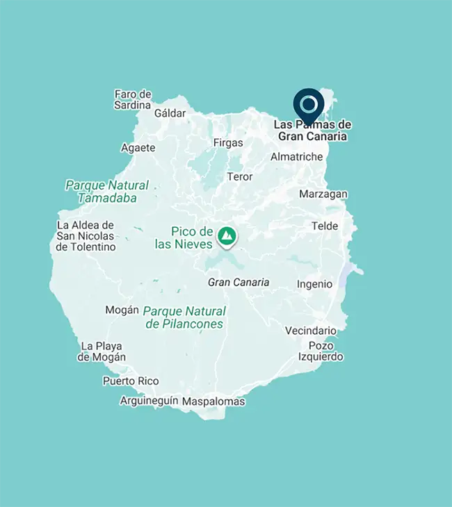 Mapa de Gran Canaria con ubicaciones destacadas y sus nombres principales