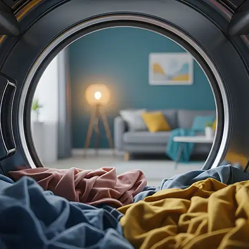 Vista desde una lente con ropa de cama y una sala al fondo desenfocada