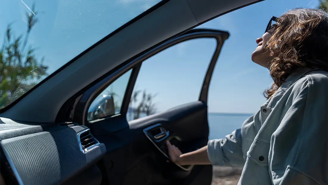 Persona conduciendo un coche junto al mar, mirando hacia el horizonte