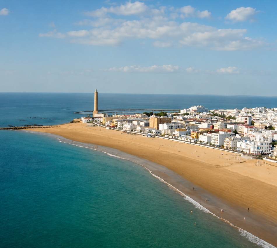 Vista a&eacute;rea de un faro y una ciudad costera junto a una playa larga