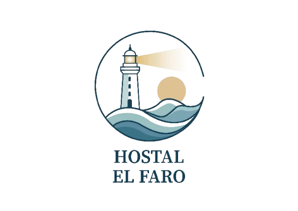 Logotipo del Hostal El Tabo con faro, olas y sol.