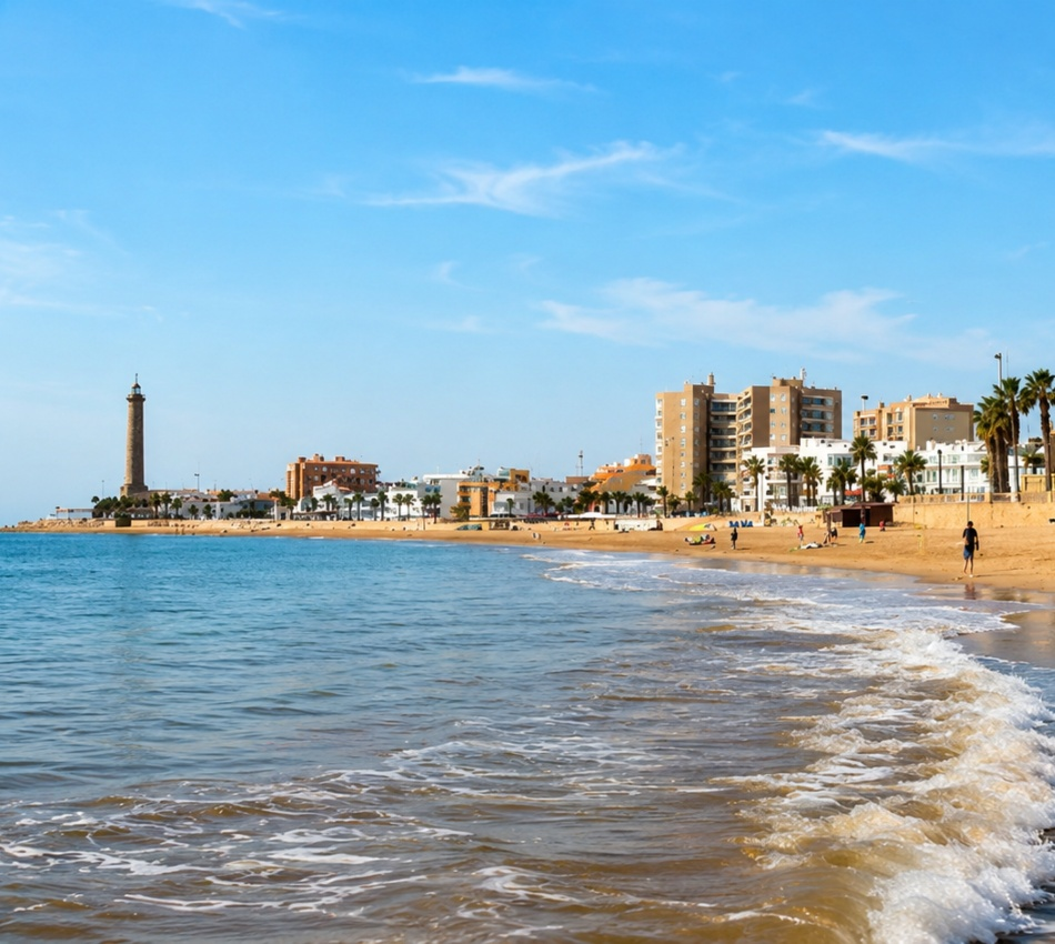 Playa y paseo mar&iacute;timo con faro y edificios junto al mar azul